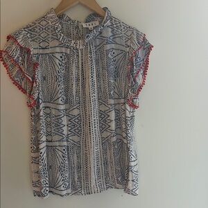 Pom Pom sleeve Blue White Blouse with Ruffle Collar